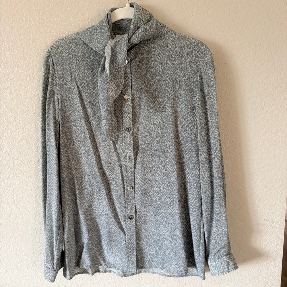 Halston Silk Vintage Button-Up Blouse with Scarf Tie